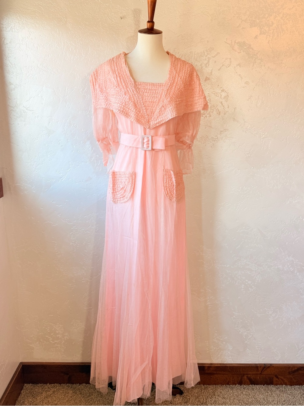 Vintage 1930s–40s Pink Sheer Net Hostess Gown Set | 2-Piece Crepe Slip Dress S/M